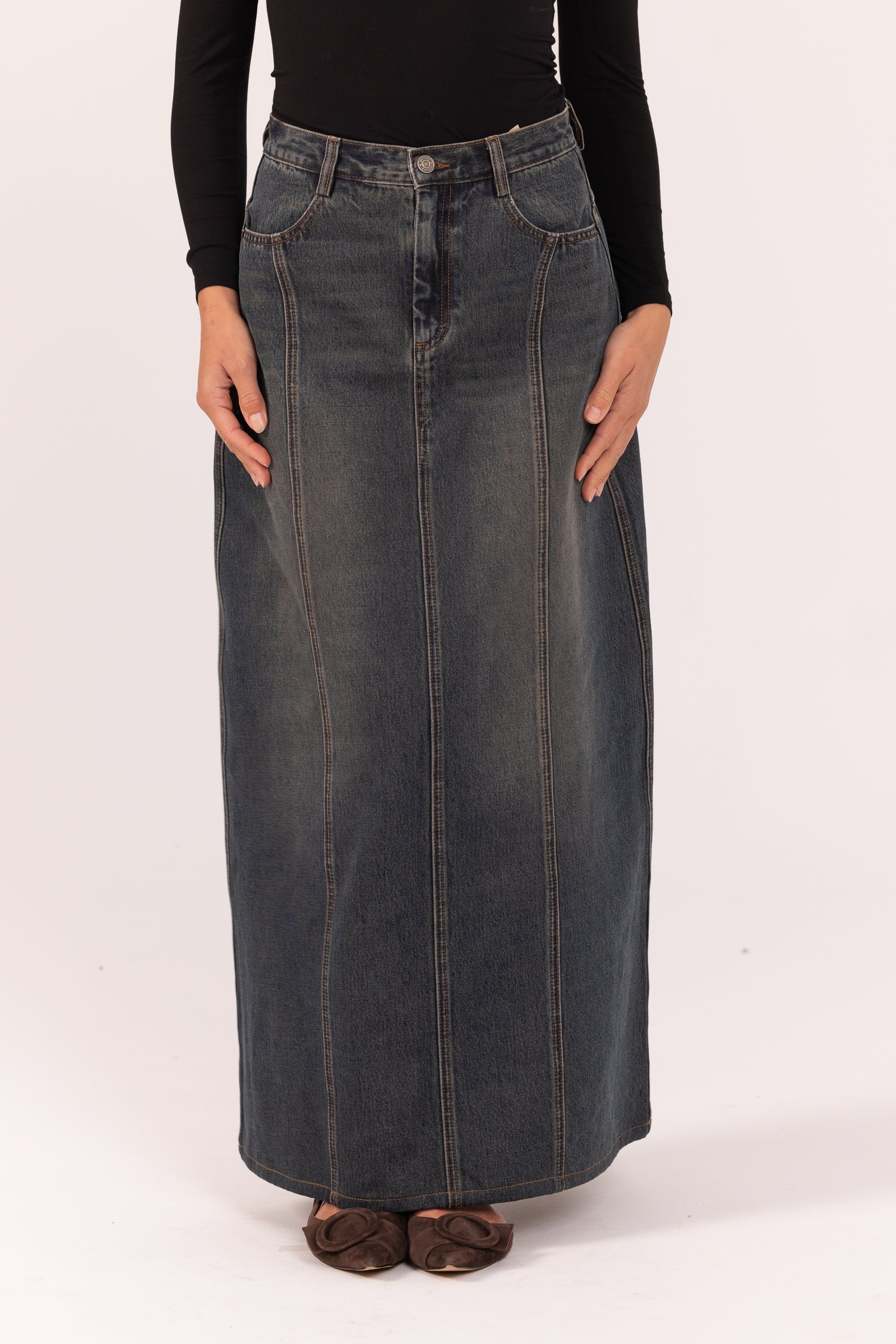 Denim Panelled Skirt - Black