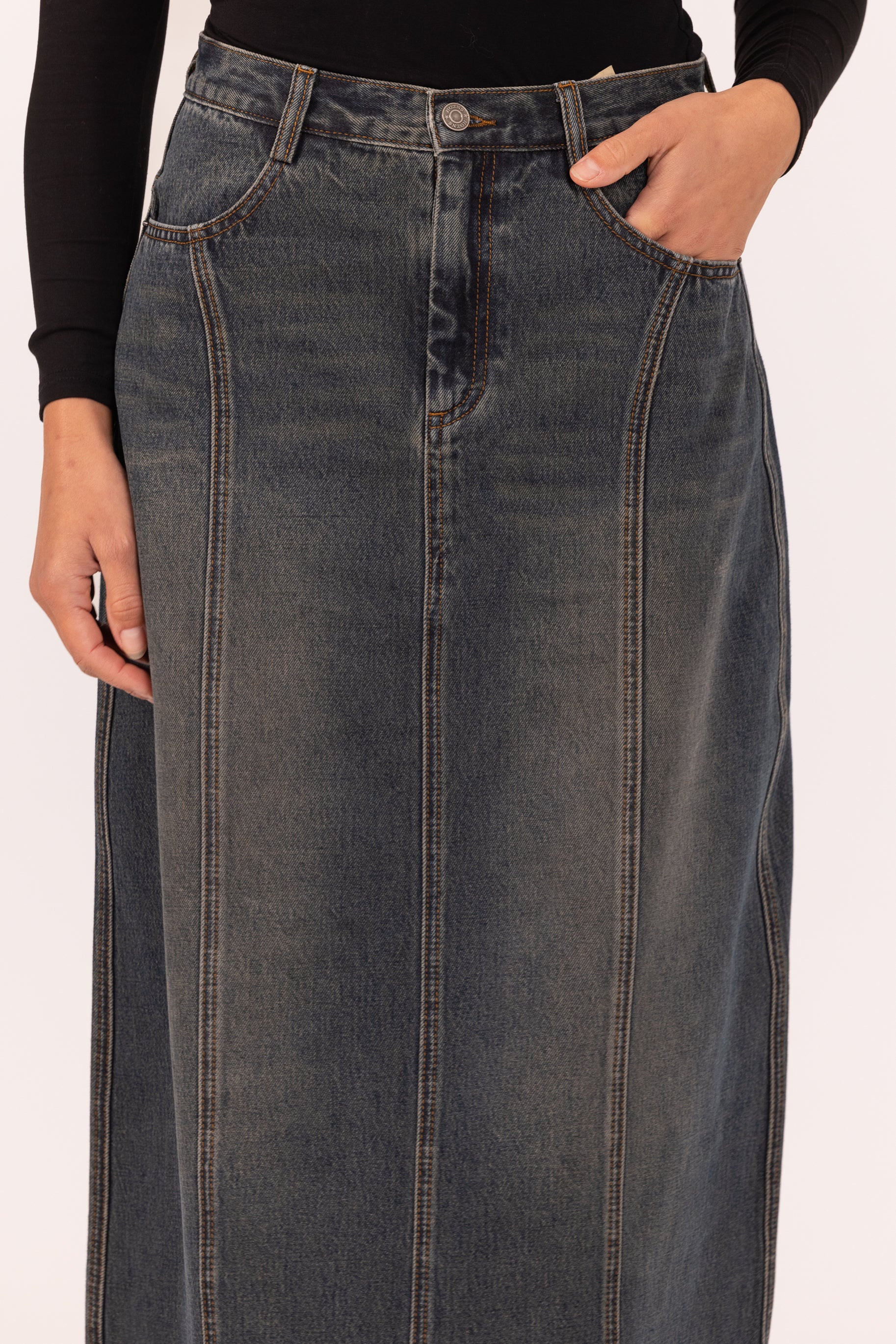 Denim Panelled Skirt - Black