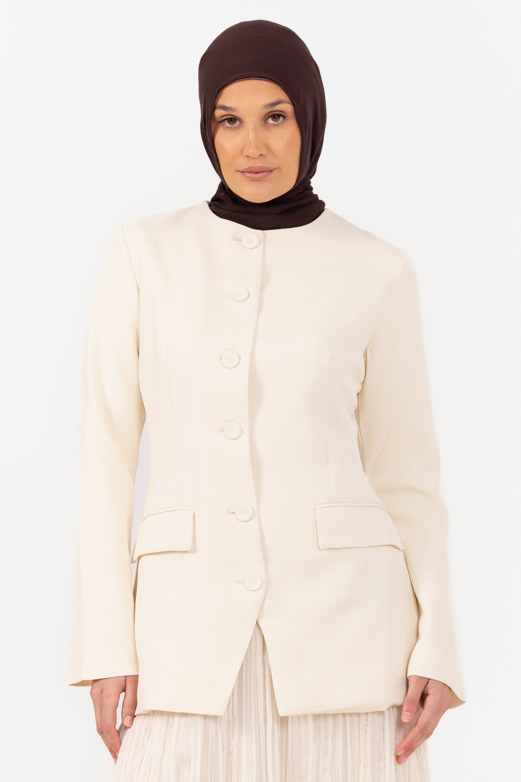 Lunar Tailored Dress with Pleat Skirt - Cream