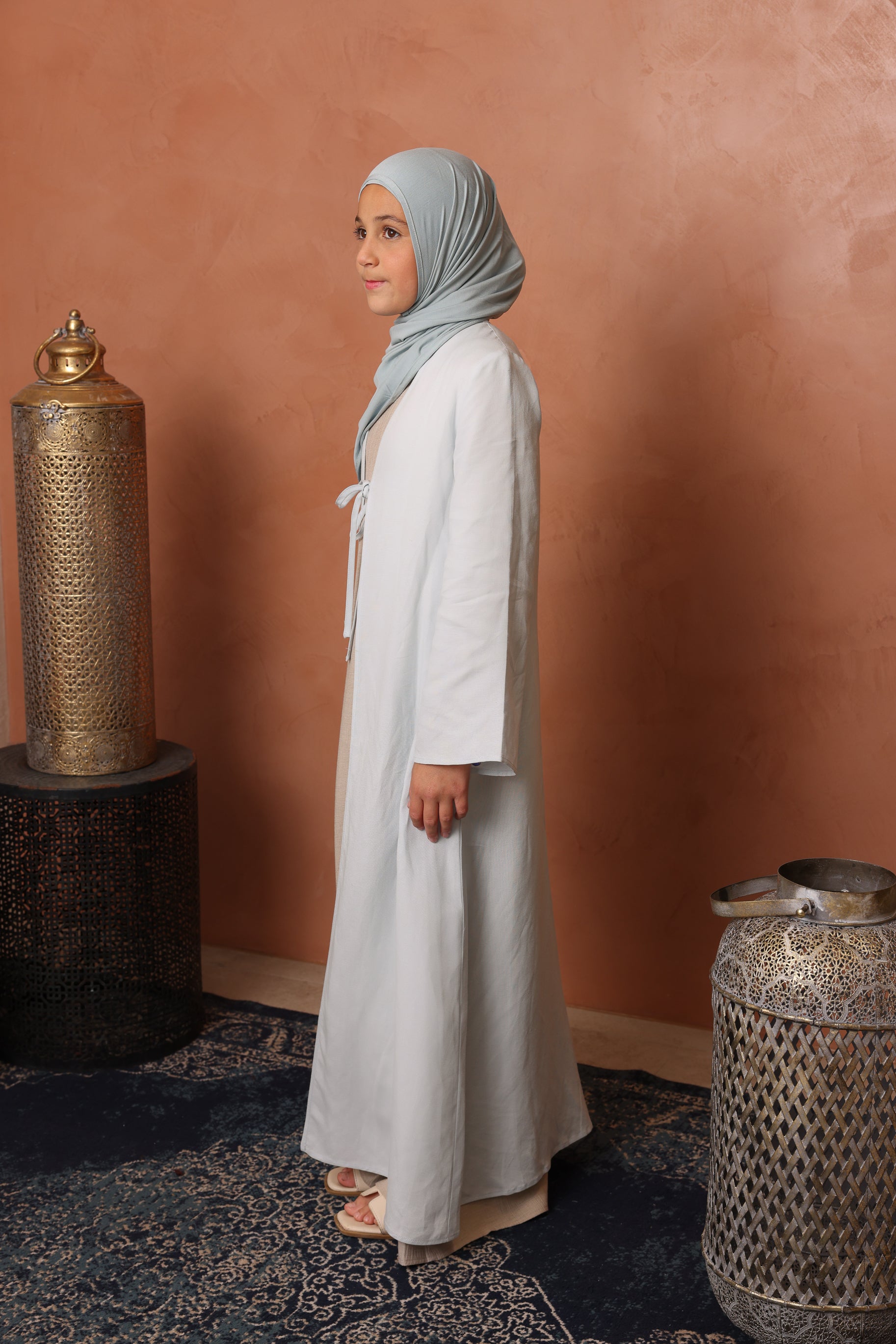Girls Linen Tie Up Abaya - Blue