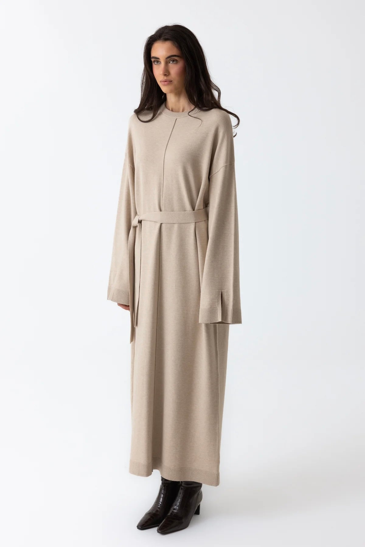 Mock Neck Knit Abaya - Oat