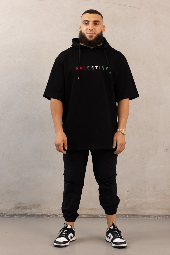 Men's Oversized Short-Sleeve Palestine Hoodie - Black