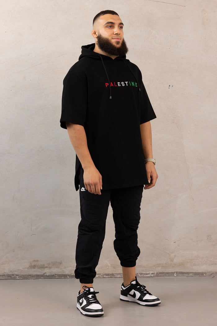 Men's Oversized Short-Sleeve Palestine Hoodie - Black