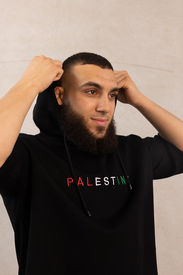 Men's Oversized Short-Sleeve Palestine Hoodie - Black