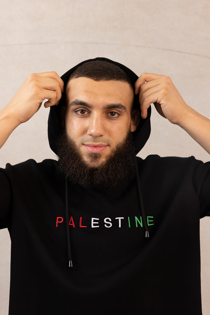 Men's Oversized Short-Sleeve Palestine Hoodie - Black