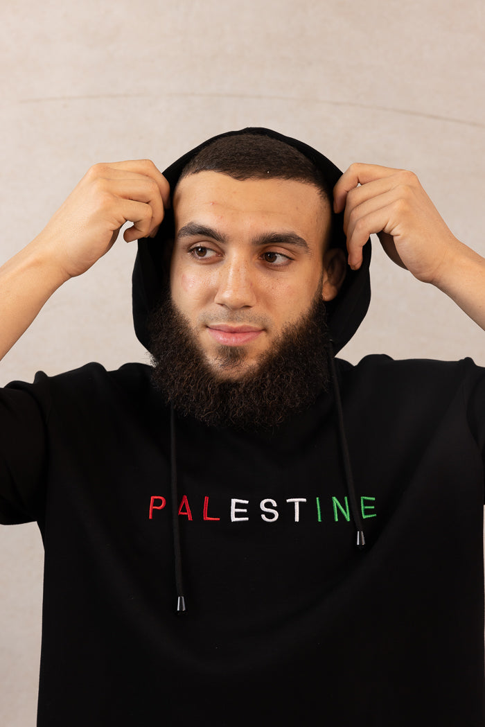 Men's Oversized Short-Sleeve Palestine Hoodie - Black