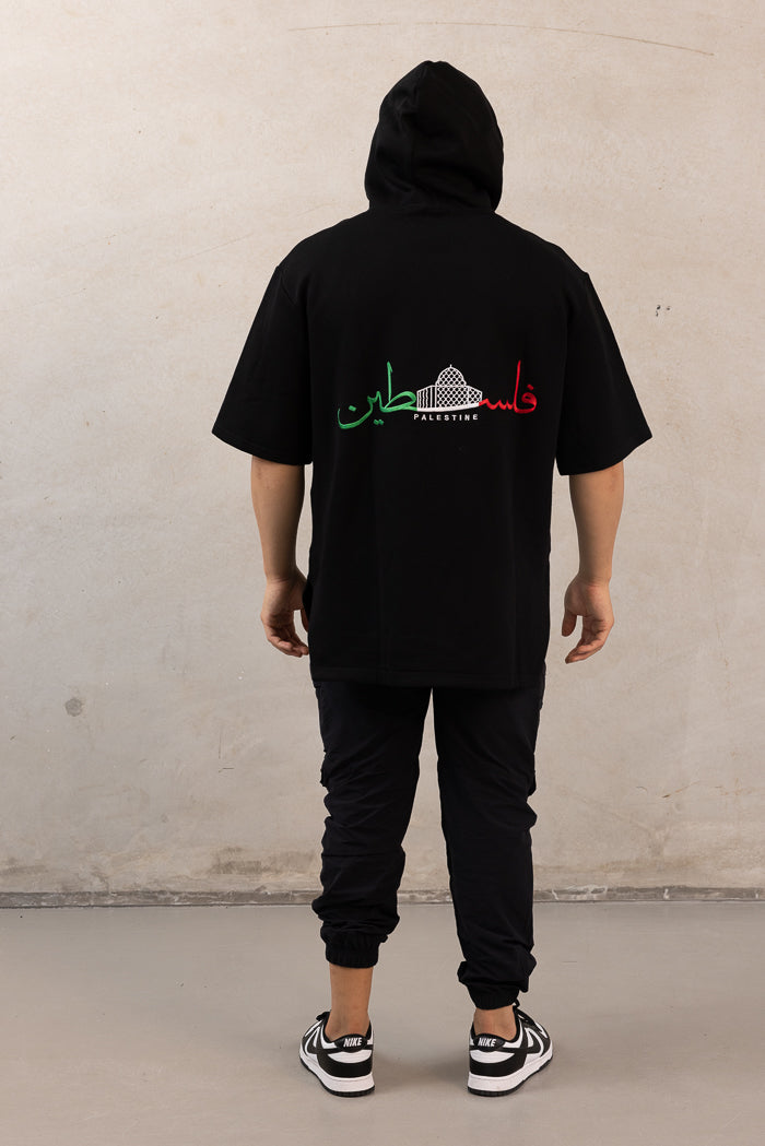 Men's Oversized Short-Sleeve Palestine Hoodie - Black