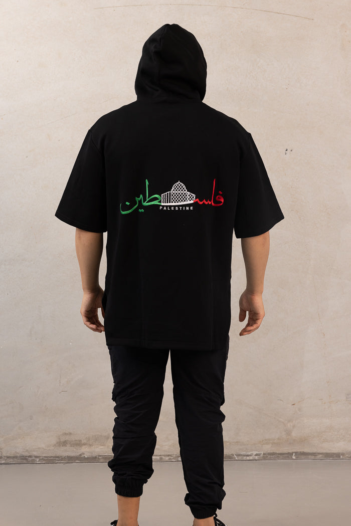 Men's Oversized Short-Sleeve Palestine Hoodie - Black
