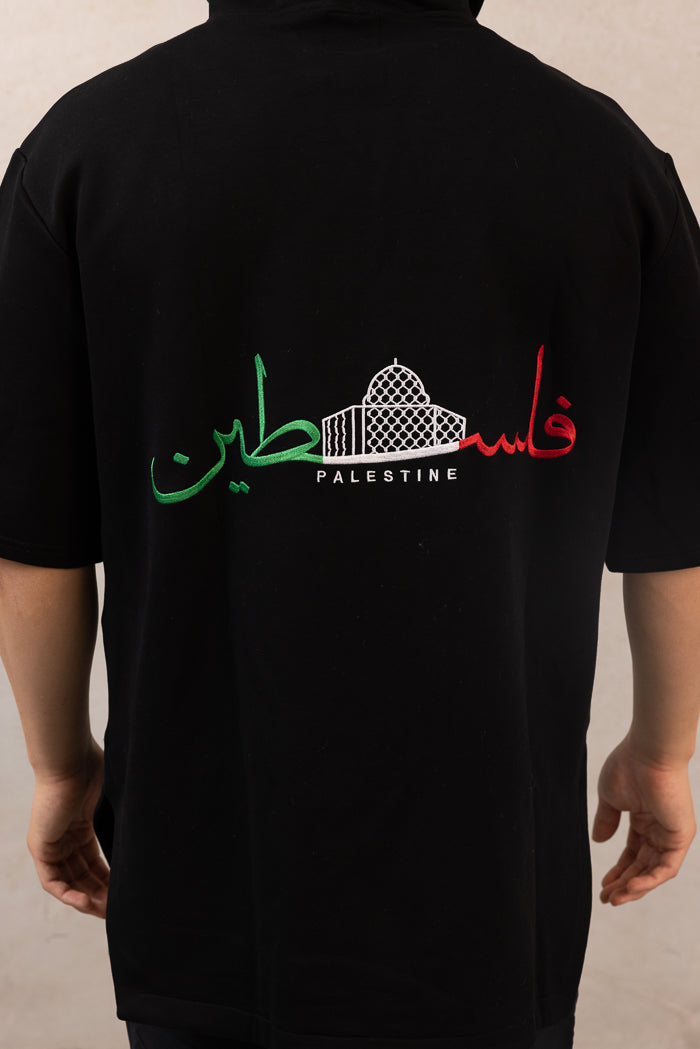 Men's Oversized Short-Sleeve Palestine Hoodie - Black