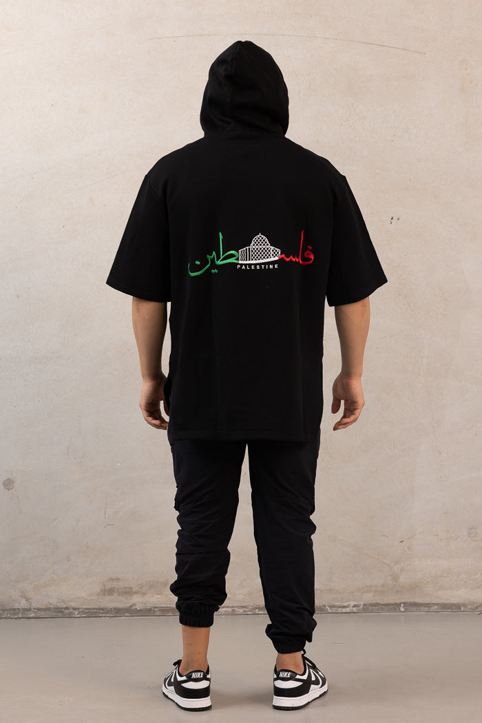 Men's Oversized Short-Sleeve Palestine Hoodie - Black