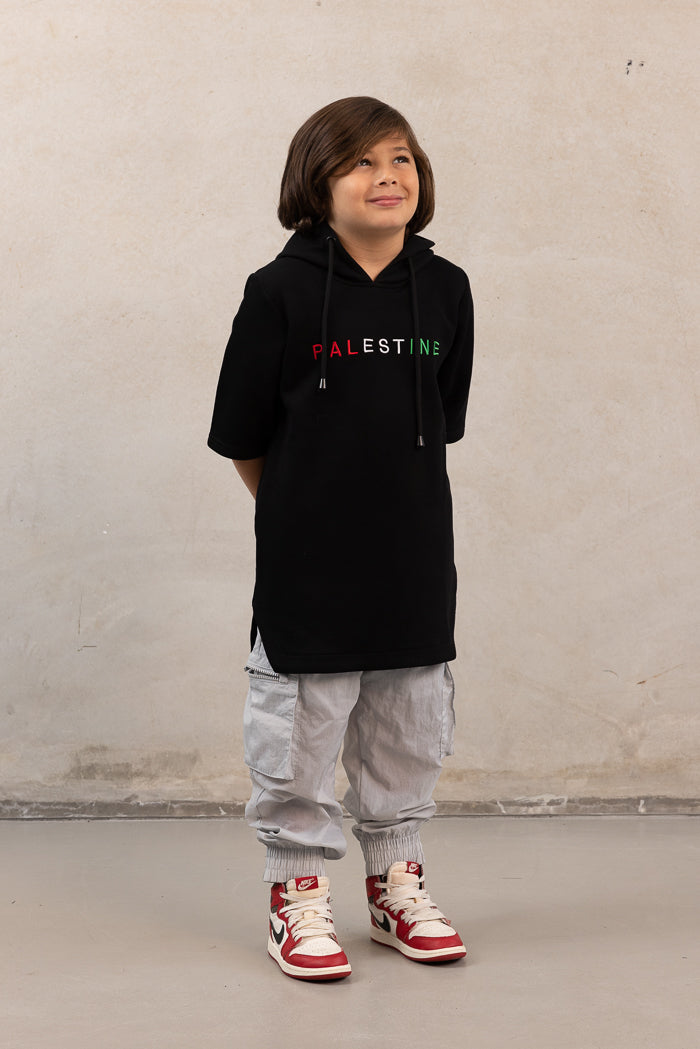 Boy's Oversized Short-Sleeve Palestine Hoodie - Black