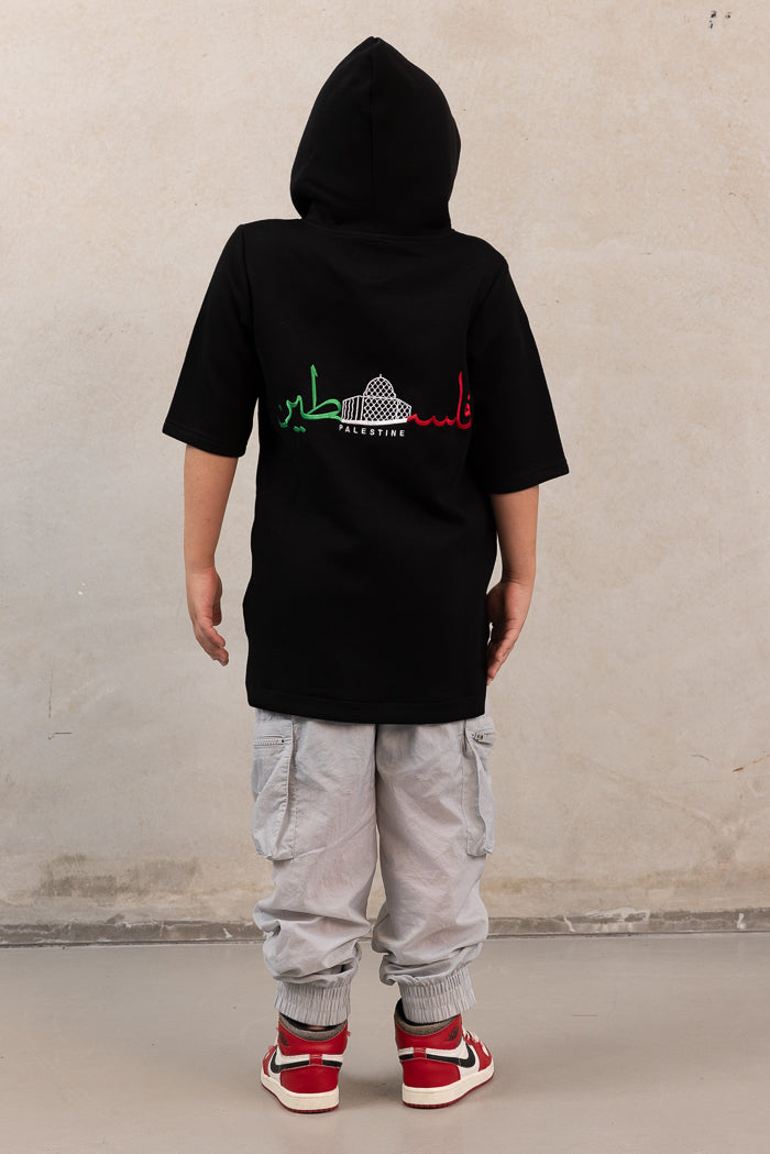 Boy's Oversized Short-Sleeve Palestine Hoodie - Black