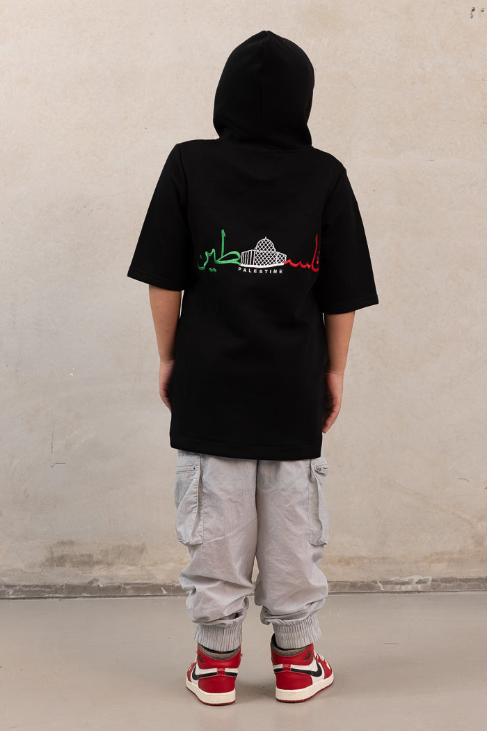 Boy's Oversized Short-Sleeve Palestine Hoodie - Black