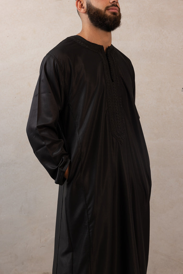 Moroccan Long Sleeve Thobe - Black