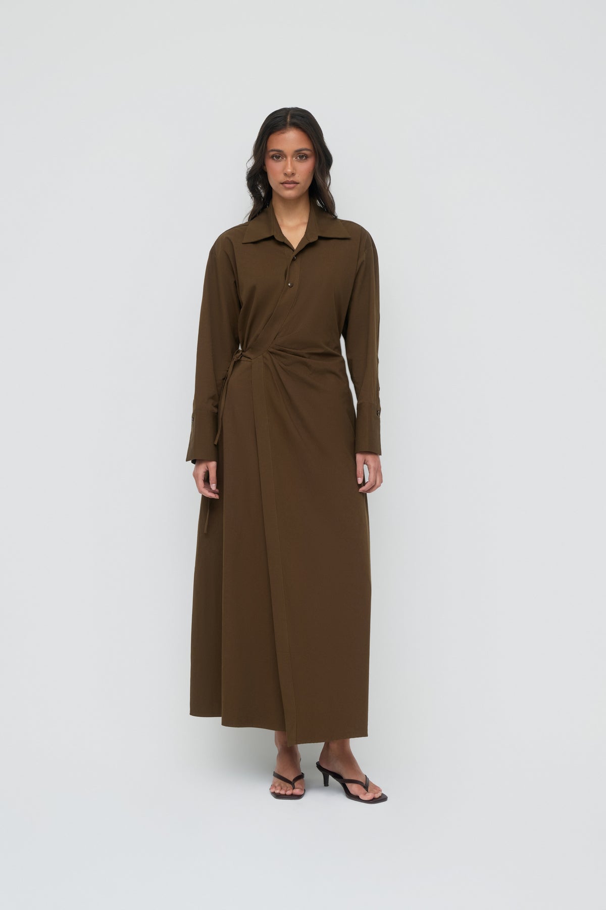 Asymmetric Poplin Wrap Dress - Dark Olive