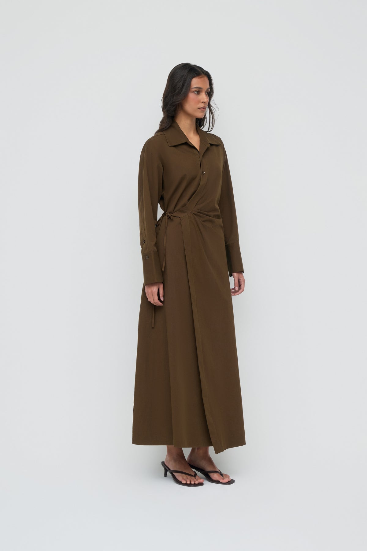 Asymmetric Poplin Wrap Dress - Dark Olive