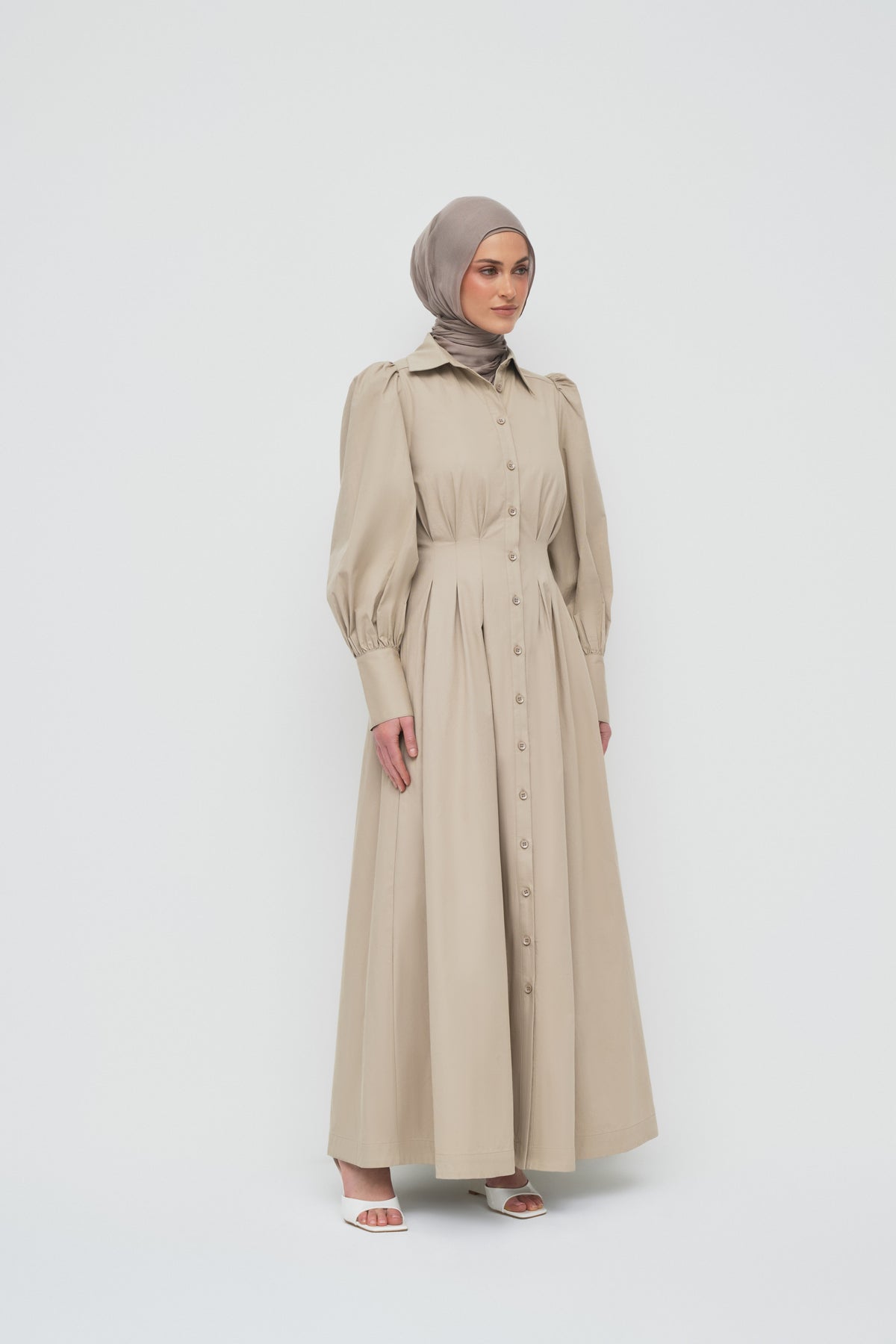 Waist Pleat Cotton Shirt Dress - Crockery