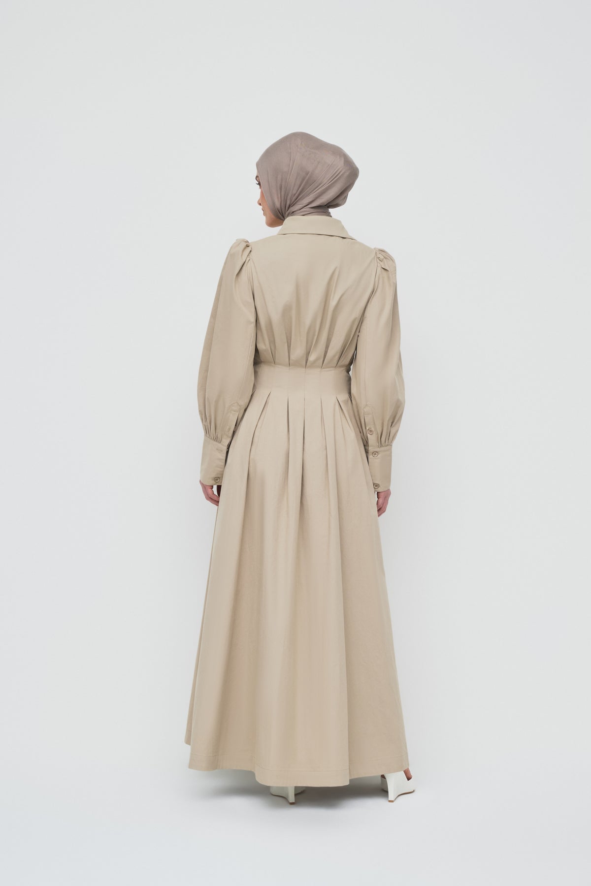 Waist Pleat Cotton Shirt Dress - Crockery