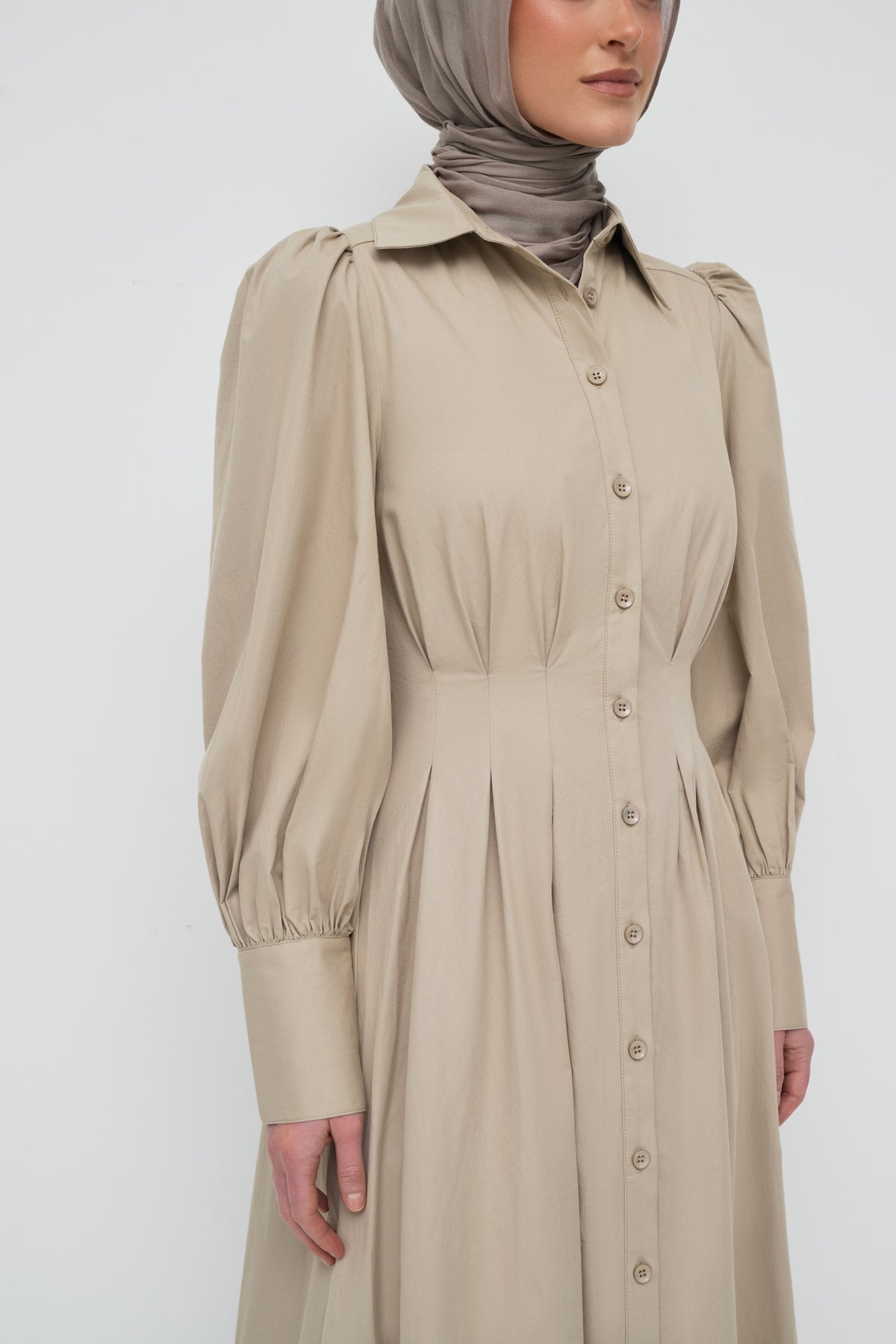 Waist Pleat Cotton Shirt Dress - Crockery
