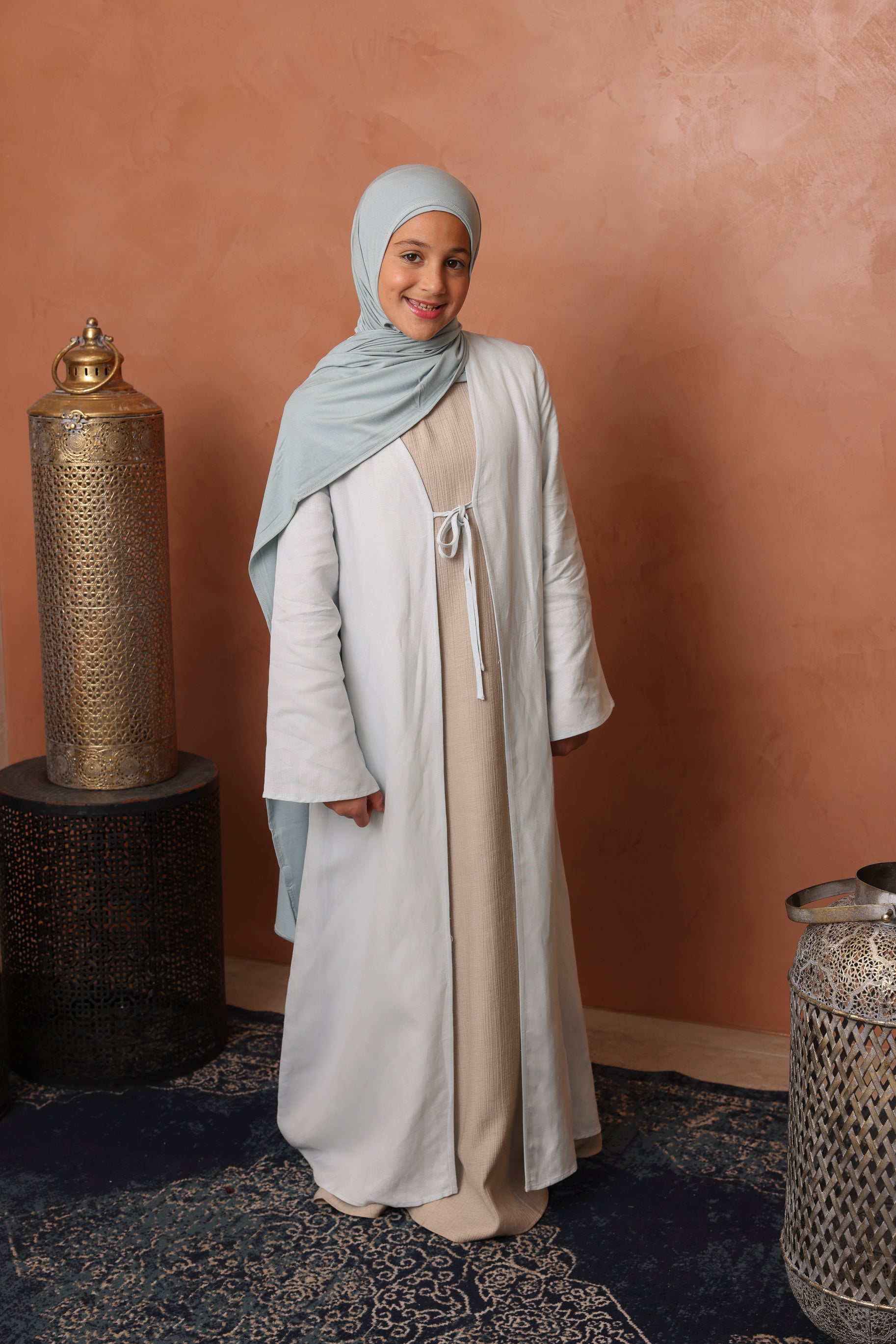Girls Linen Tie Up Abaya - Blue