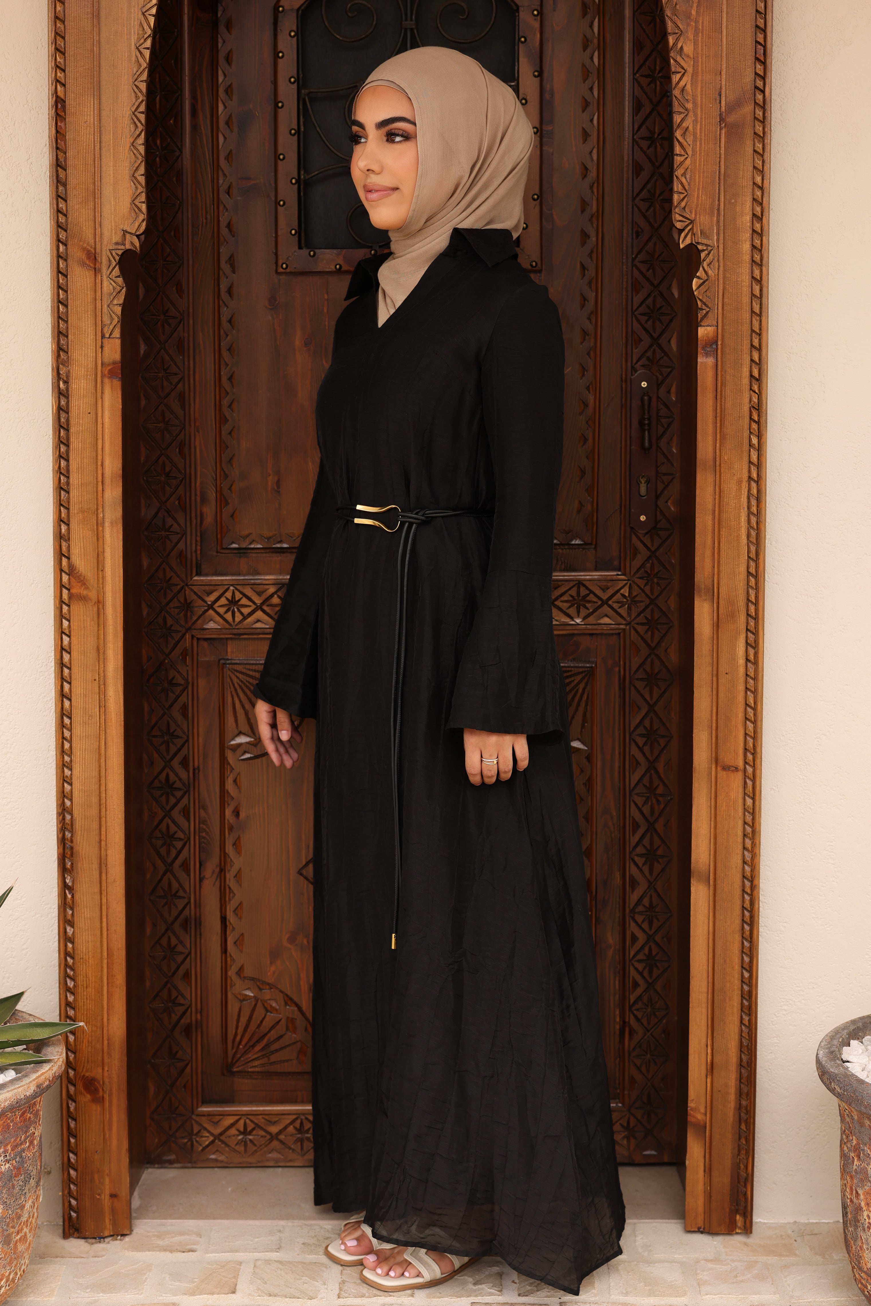 Nadira Collared Kaftan Abaya - Black