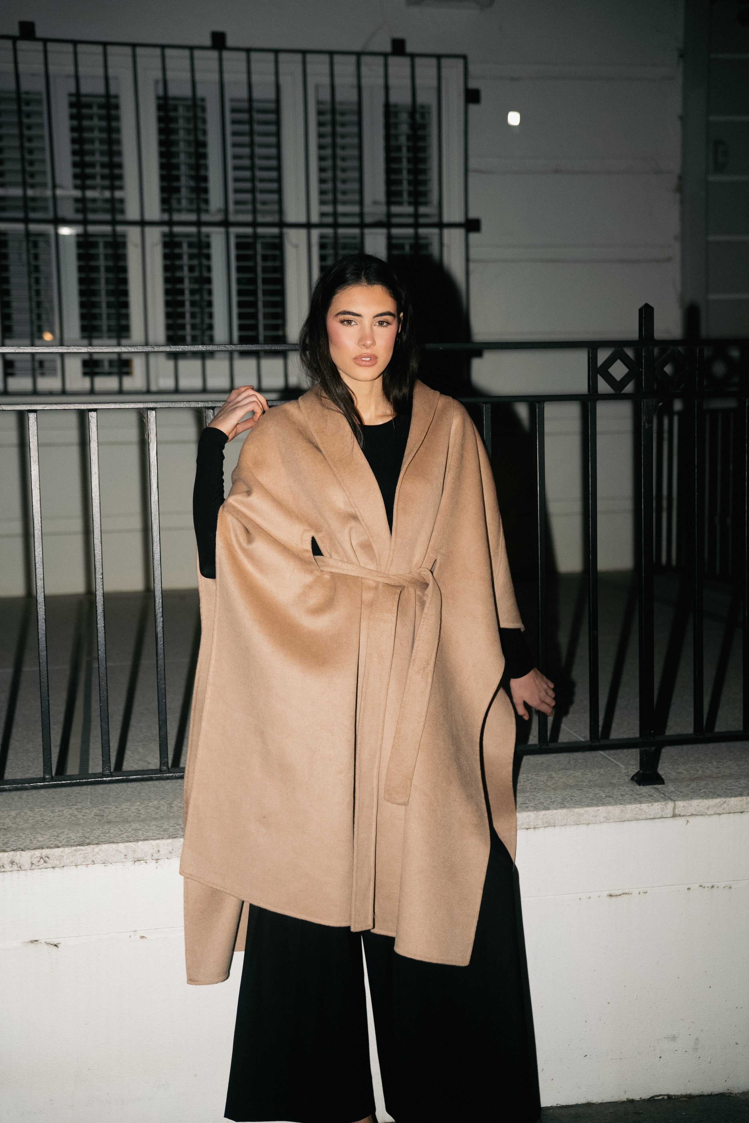 Wool Belted Poncho - Camel