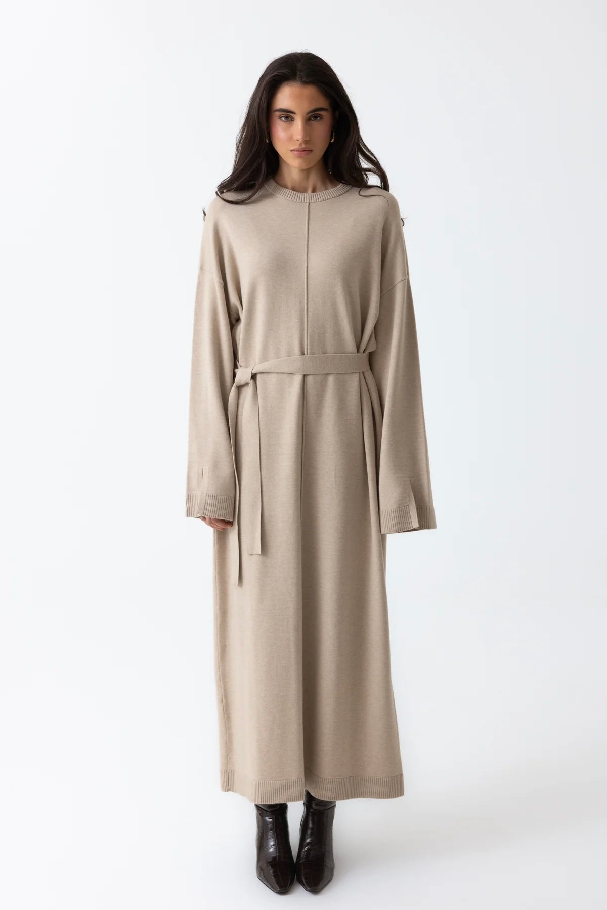 Mock Neck Knit Abaya - Oat