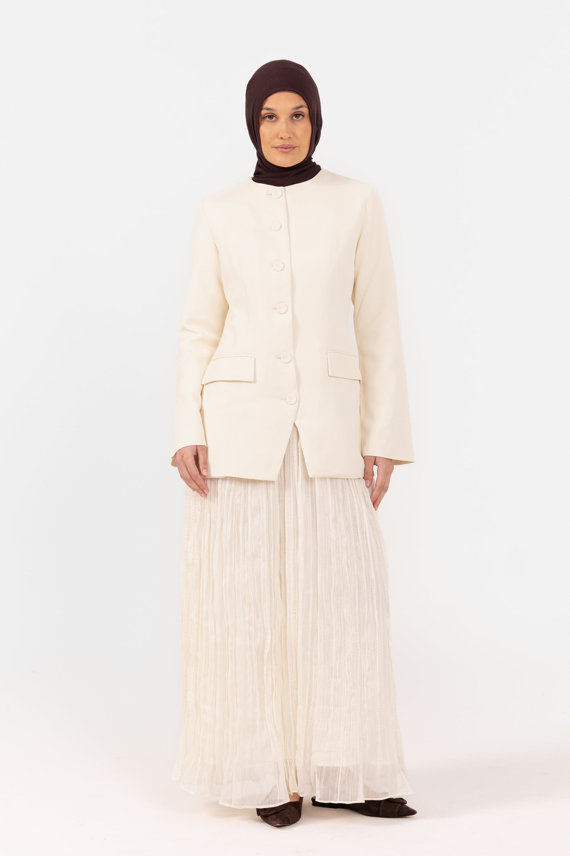 Lunar Tailored Dress with Pleat Skirt - Cream