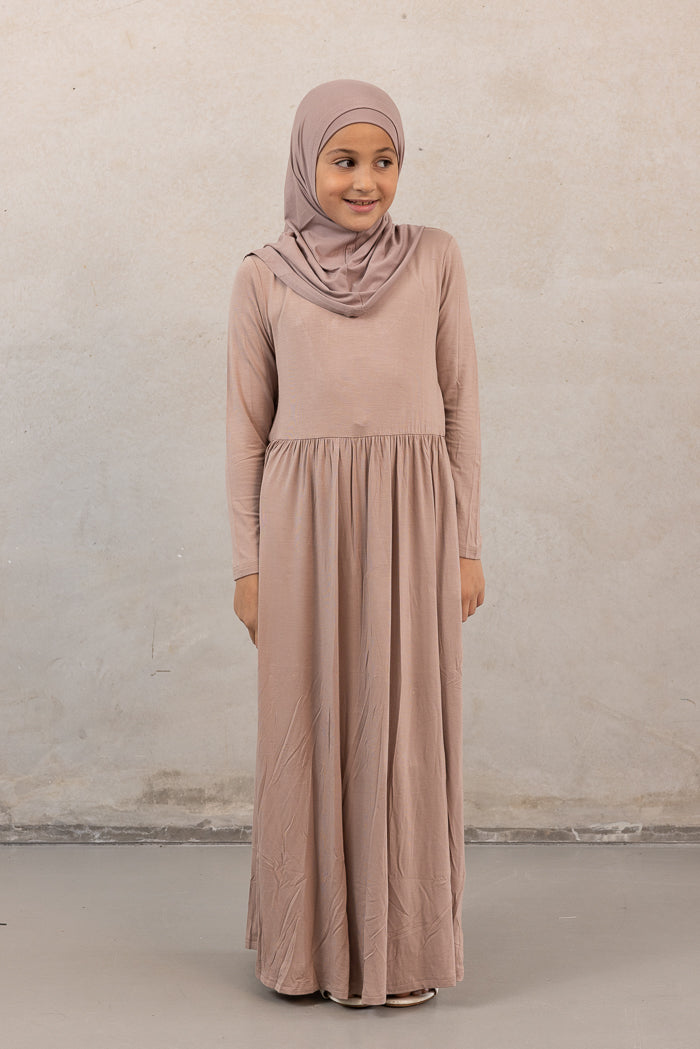 Girls Jersey Gathered Dress - Mocha