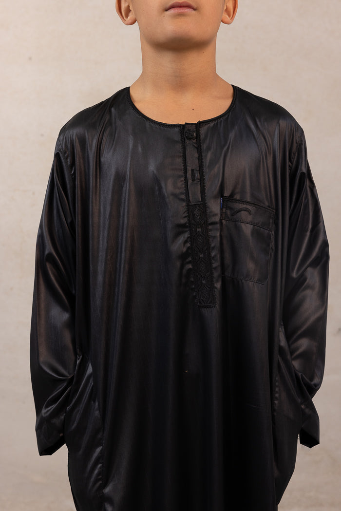 Youth Ikaf Long Sleeve Abaya - Embroidered Black