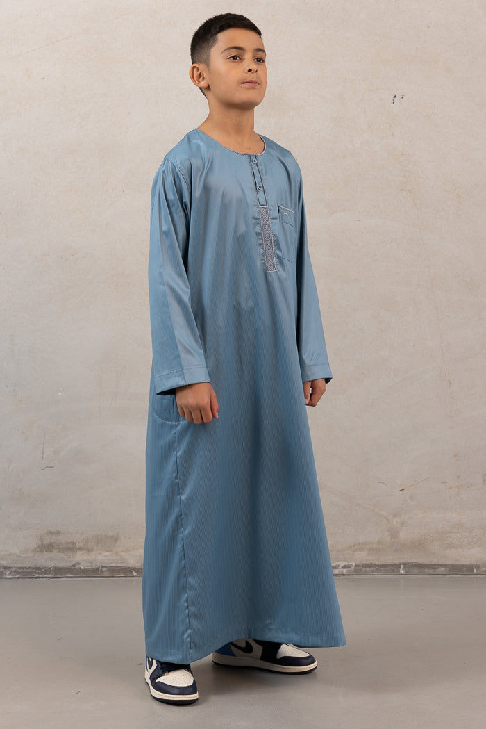 Youth Ikaf Long Sleeve Abaya - Embroidered Blue