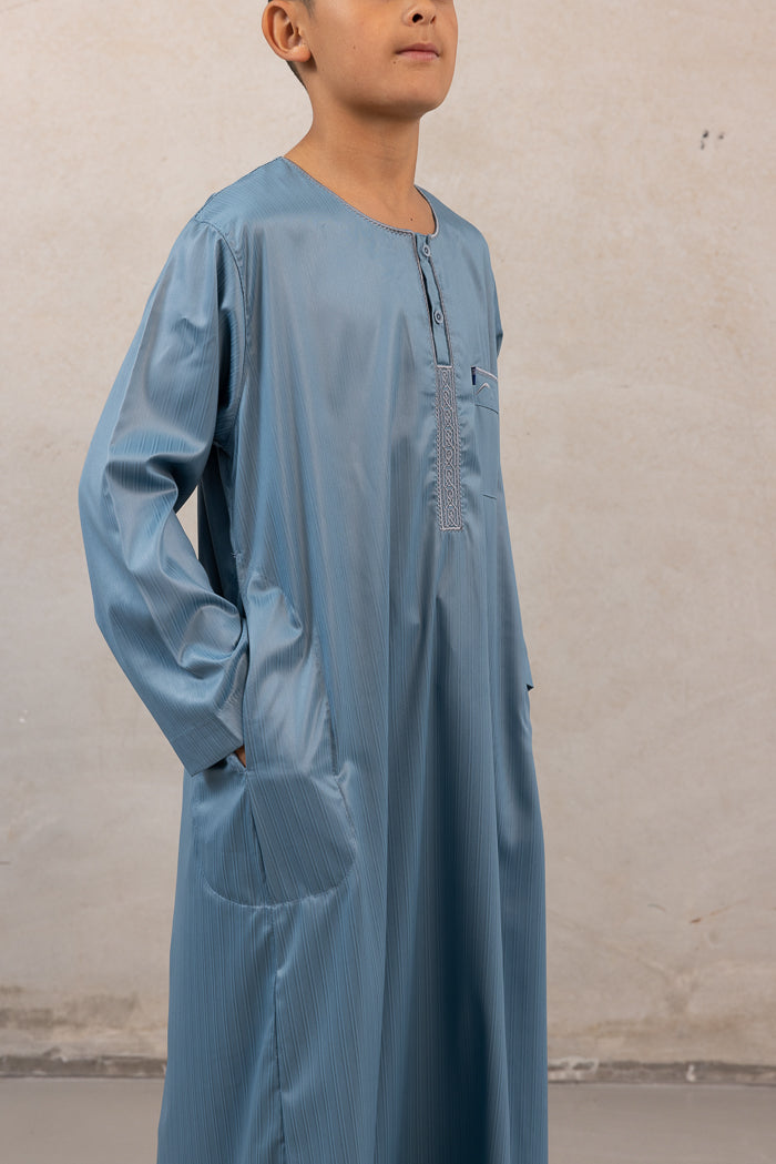 Youth Ikaf Long Sleeve Abaya - Embroidered Blue