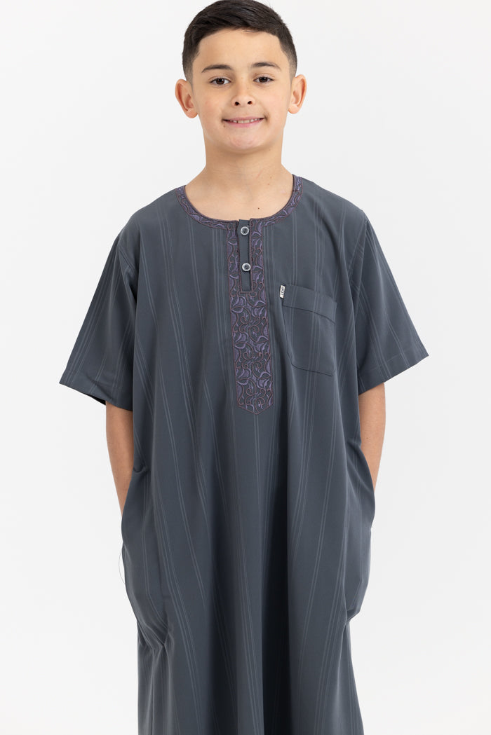 Youth Ikaf Embroidered Short Sleeve Abaya - Army