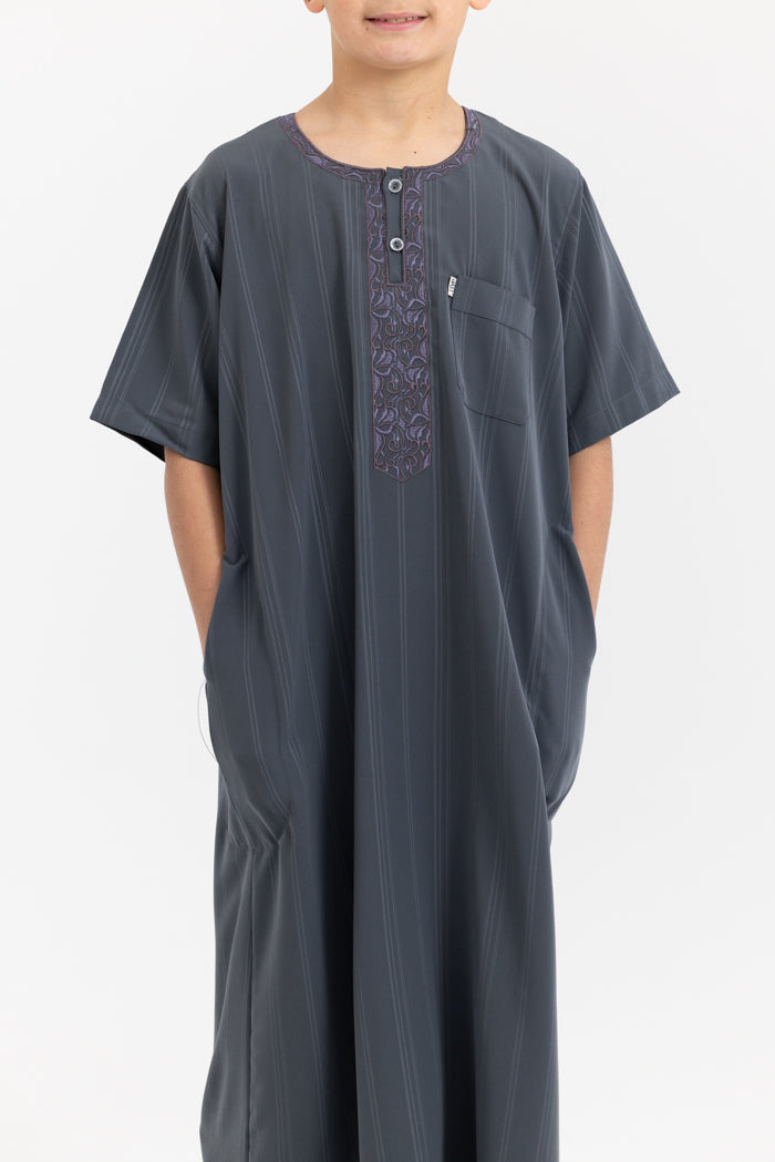 Youth Ikaf Embroidered Short Sleeve Abaya - Army