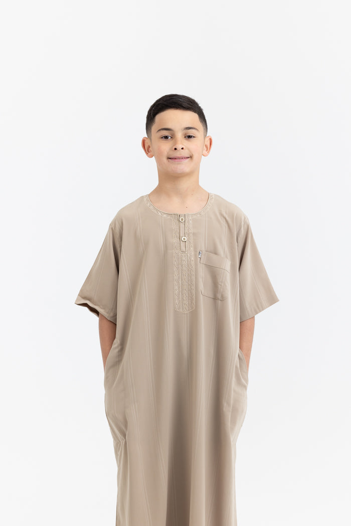 Youth Ikaf Embroidered Short Sleeve Abaya - Latte