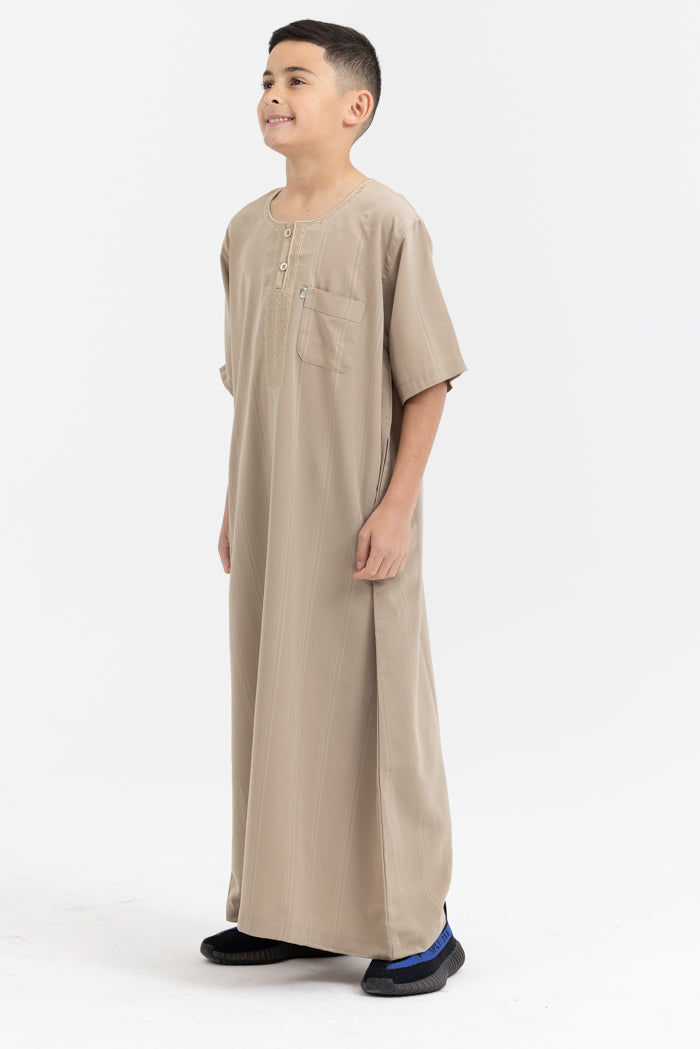 Youth Ikaf Embroidered Short Sleeve Abaya - Latte