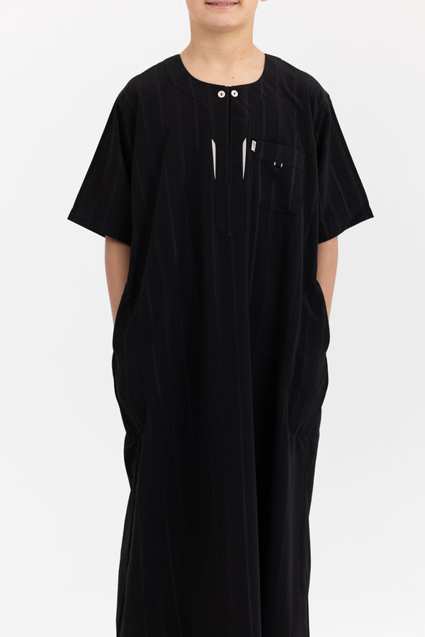 Youth Ikaf Short Sleeve Buttons Abaya - Black