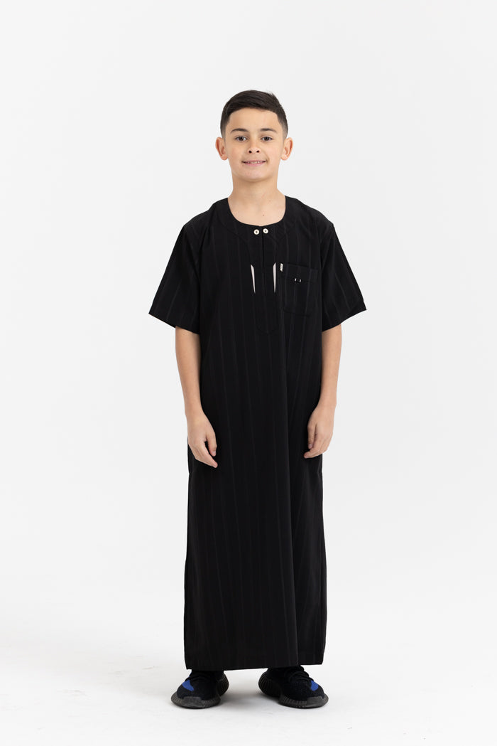 Youth Ikaf Short Sleeve Buttons Abaya - Black