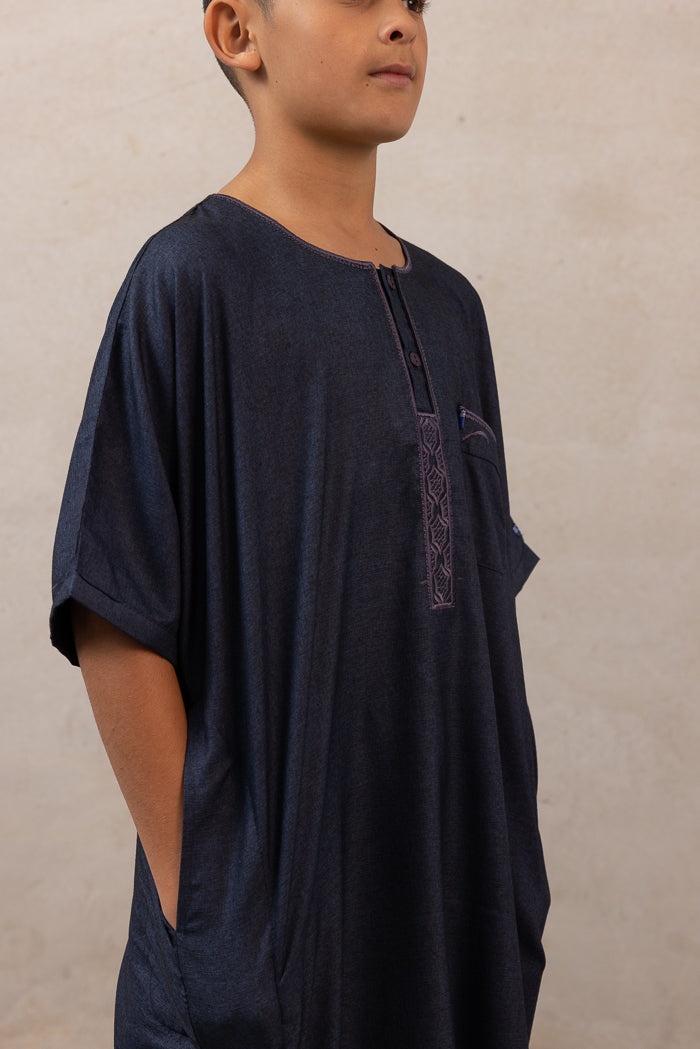 Youth Ikaf Cotton Short Sleeve Abaya - Navy