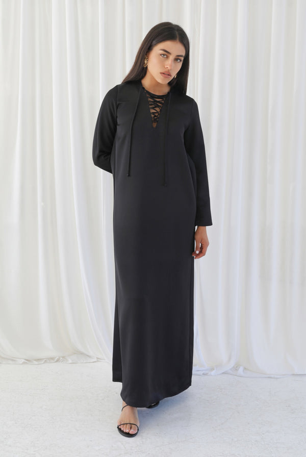Samiha Satin Kaftan Dress - Black
