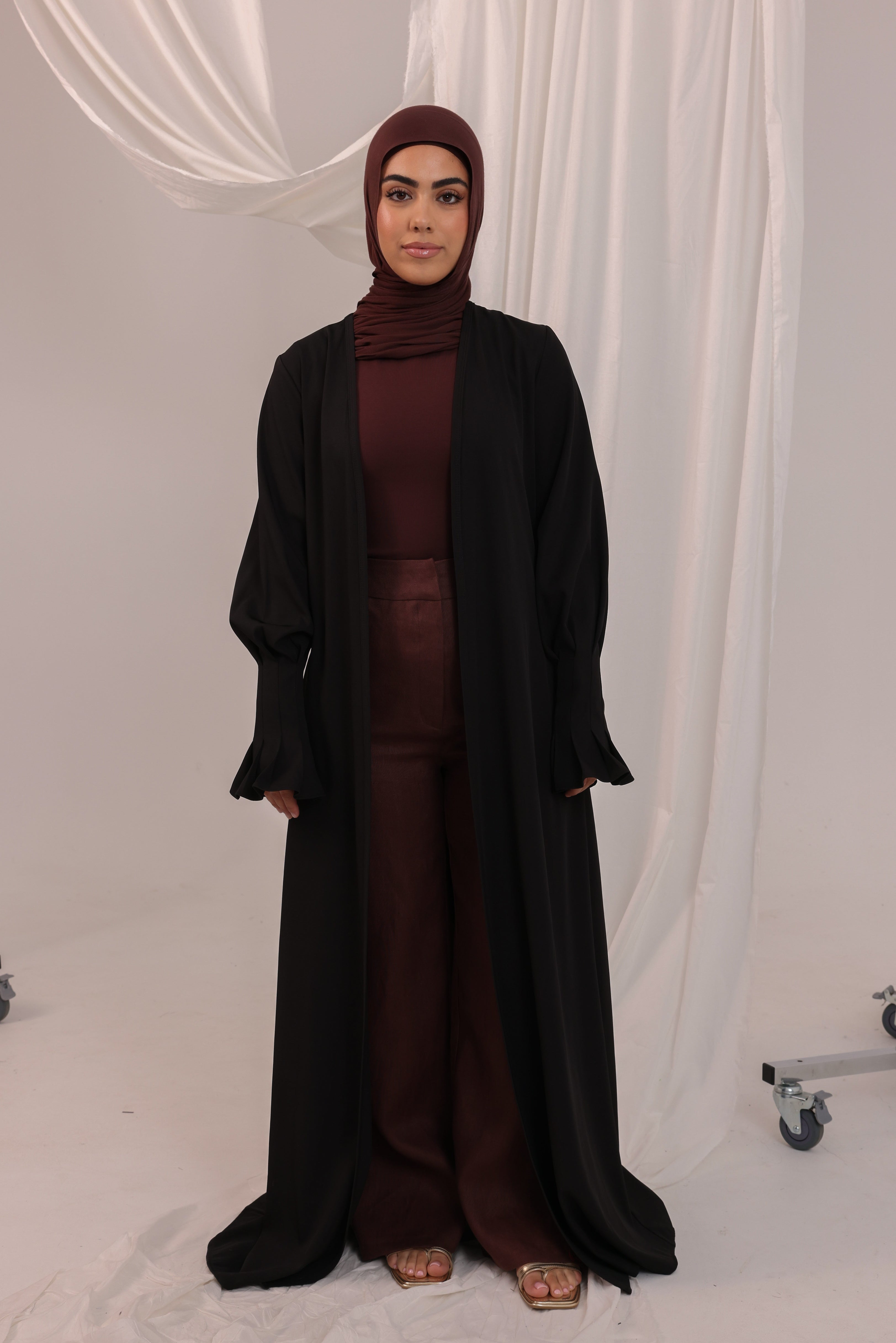 Pleated Cuff Open Abaya - Black