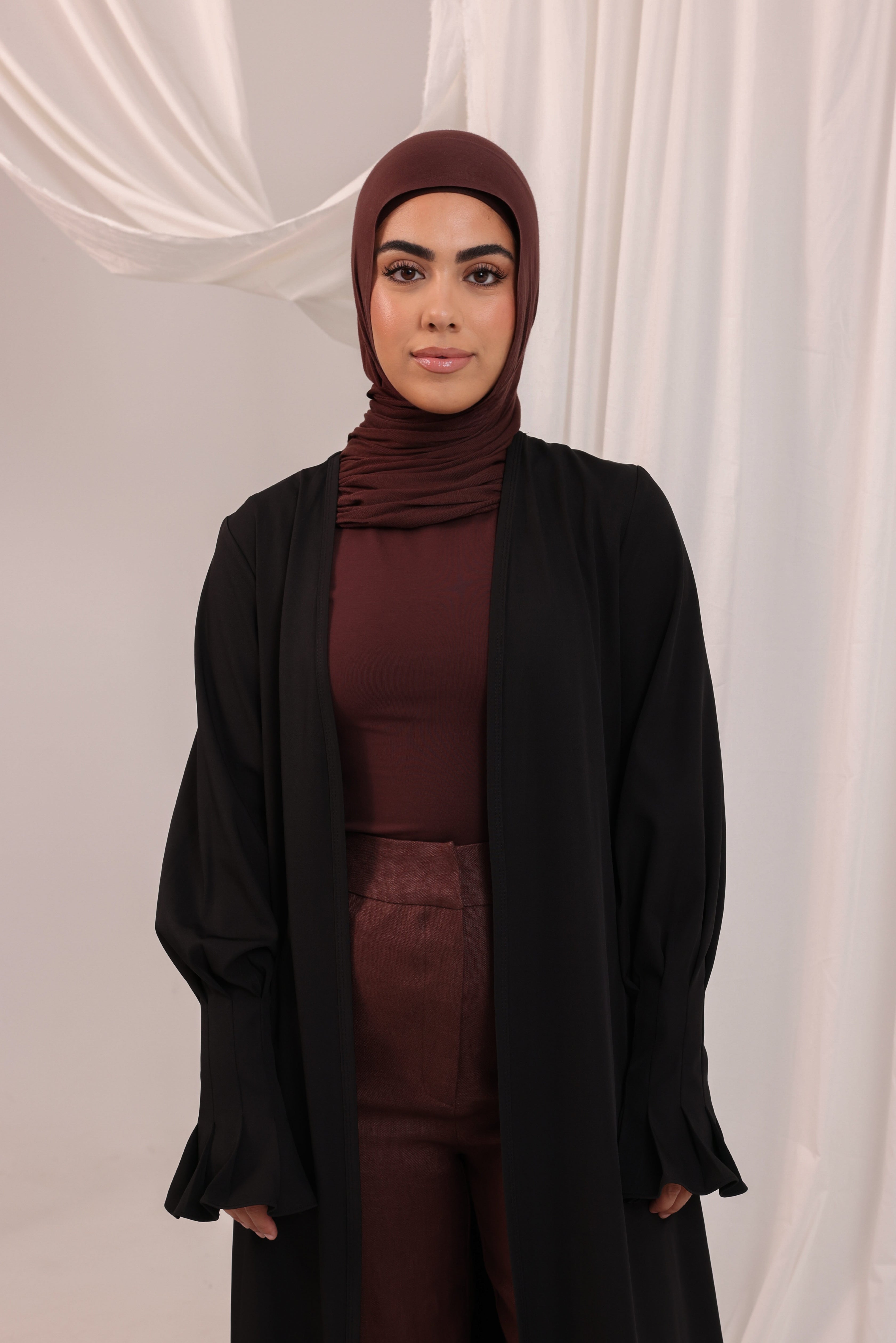 Pleated Cuff Open Abaya - Black