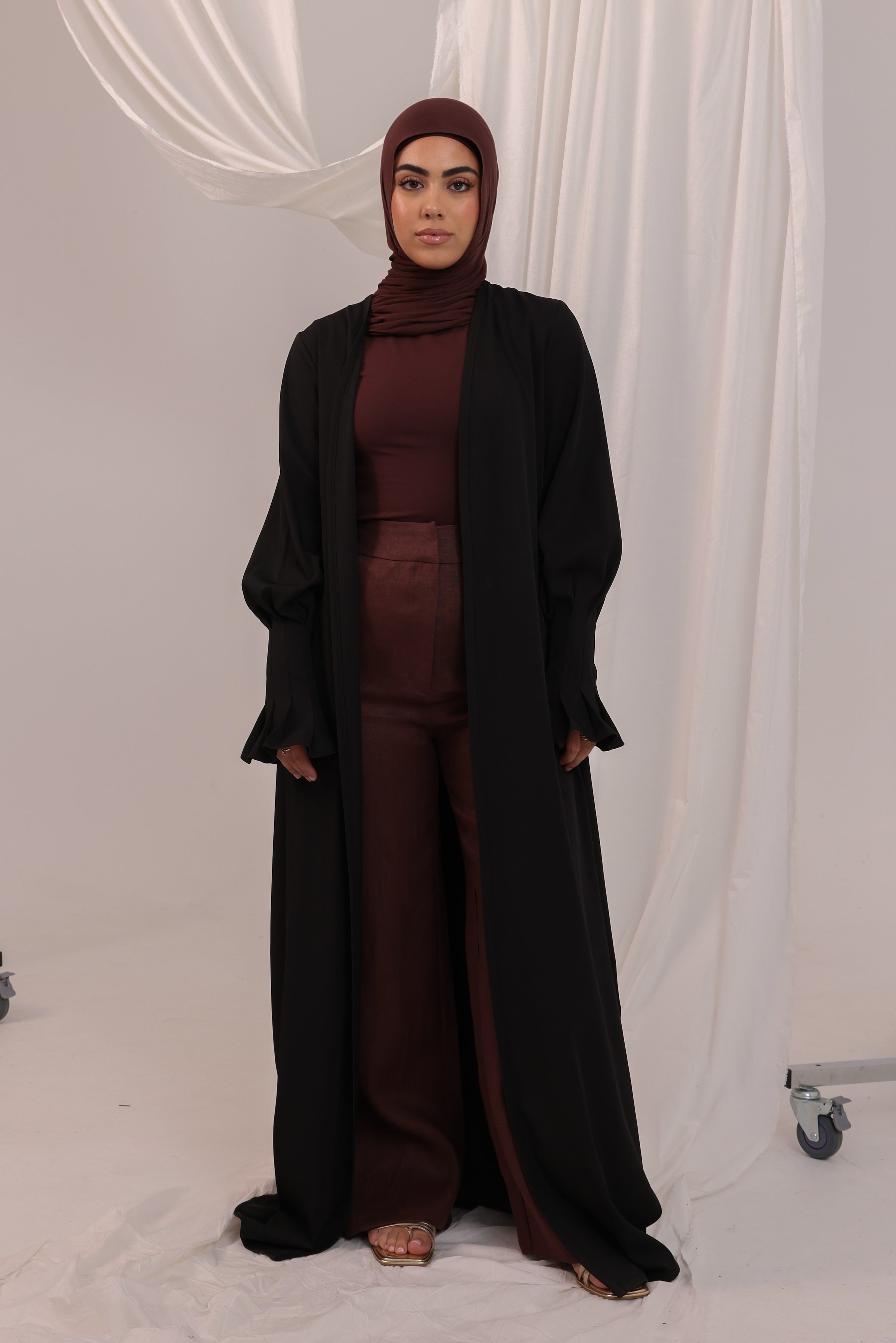 Pleated Cuff Open Abaya - Black