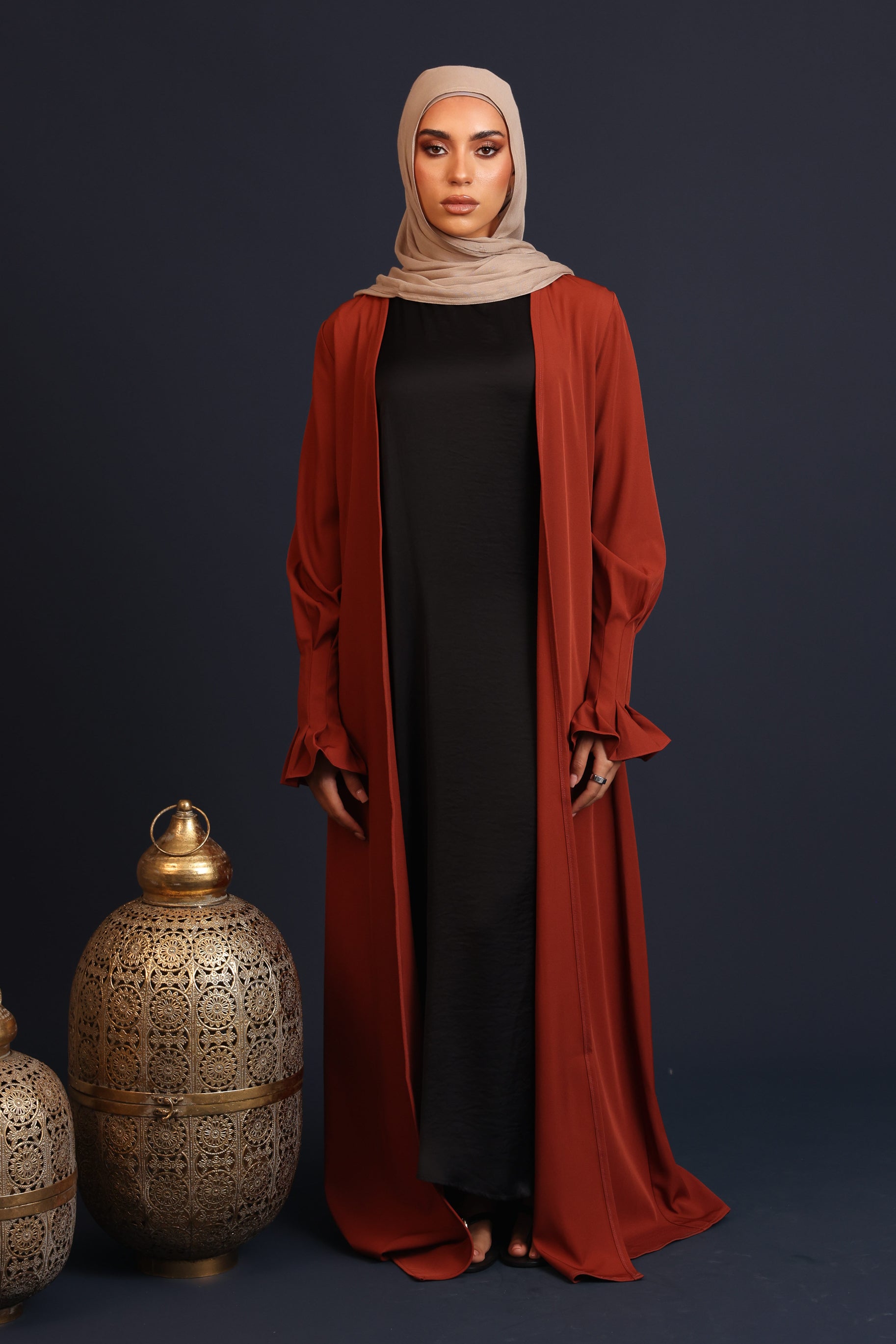 Pleated Cuff Open Abaya - Rust