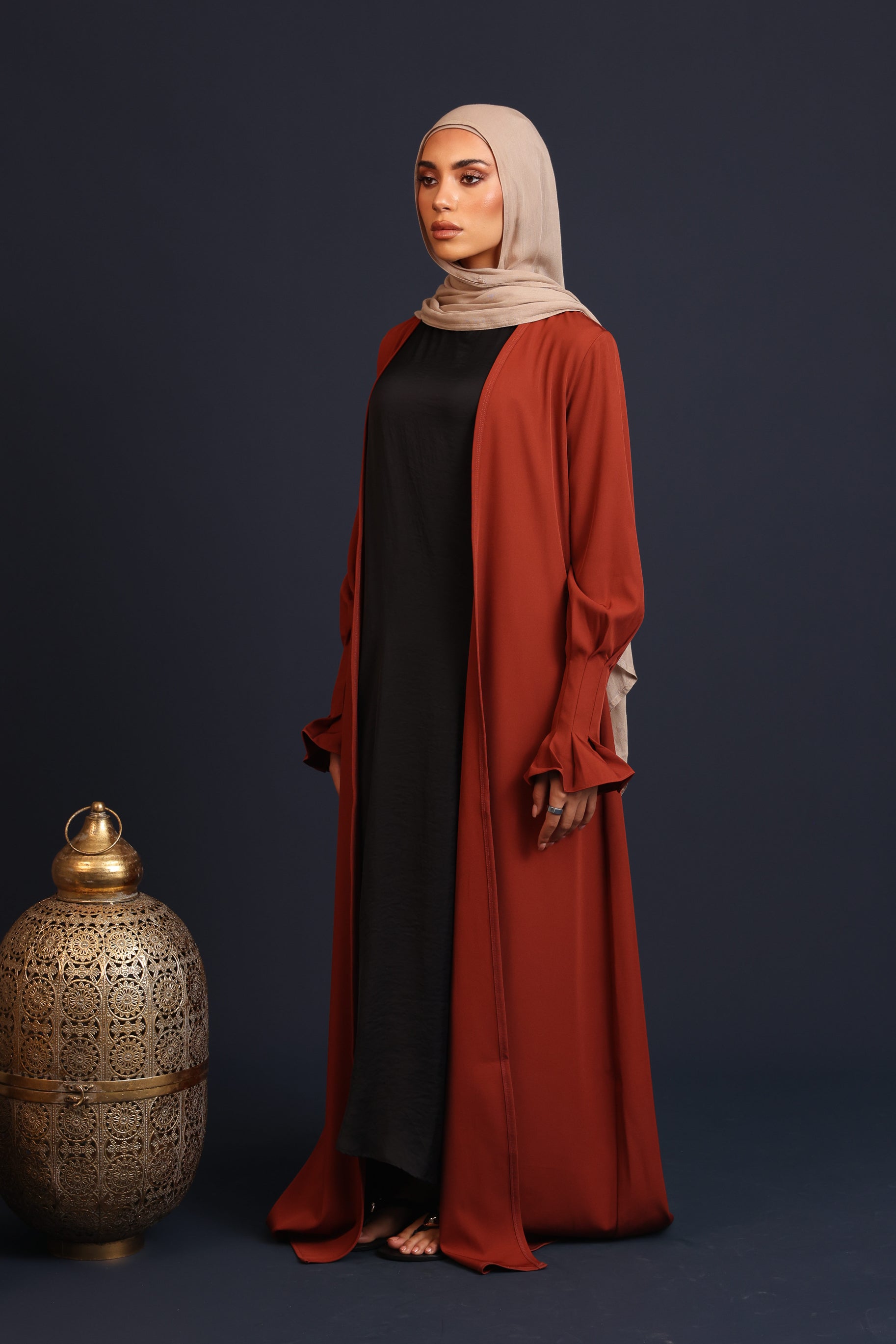 Pleated Cuff Open Abaya - Rust