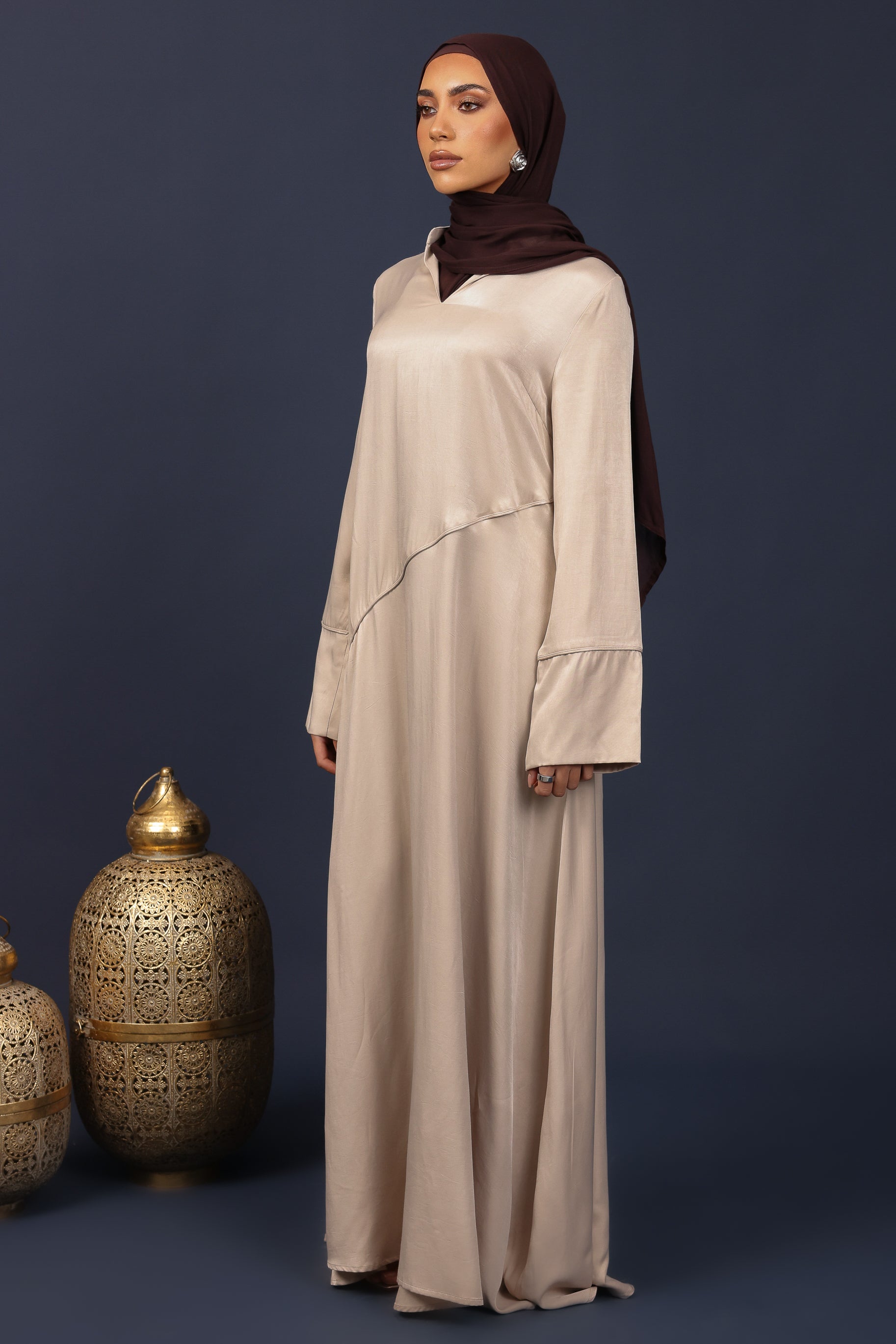 Adara Asymmetric Satin Abaya - Latte