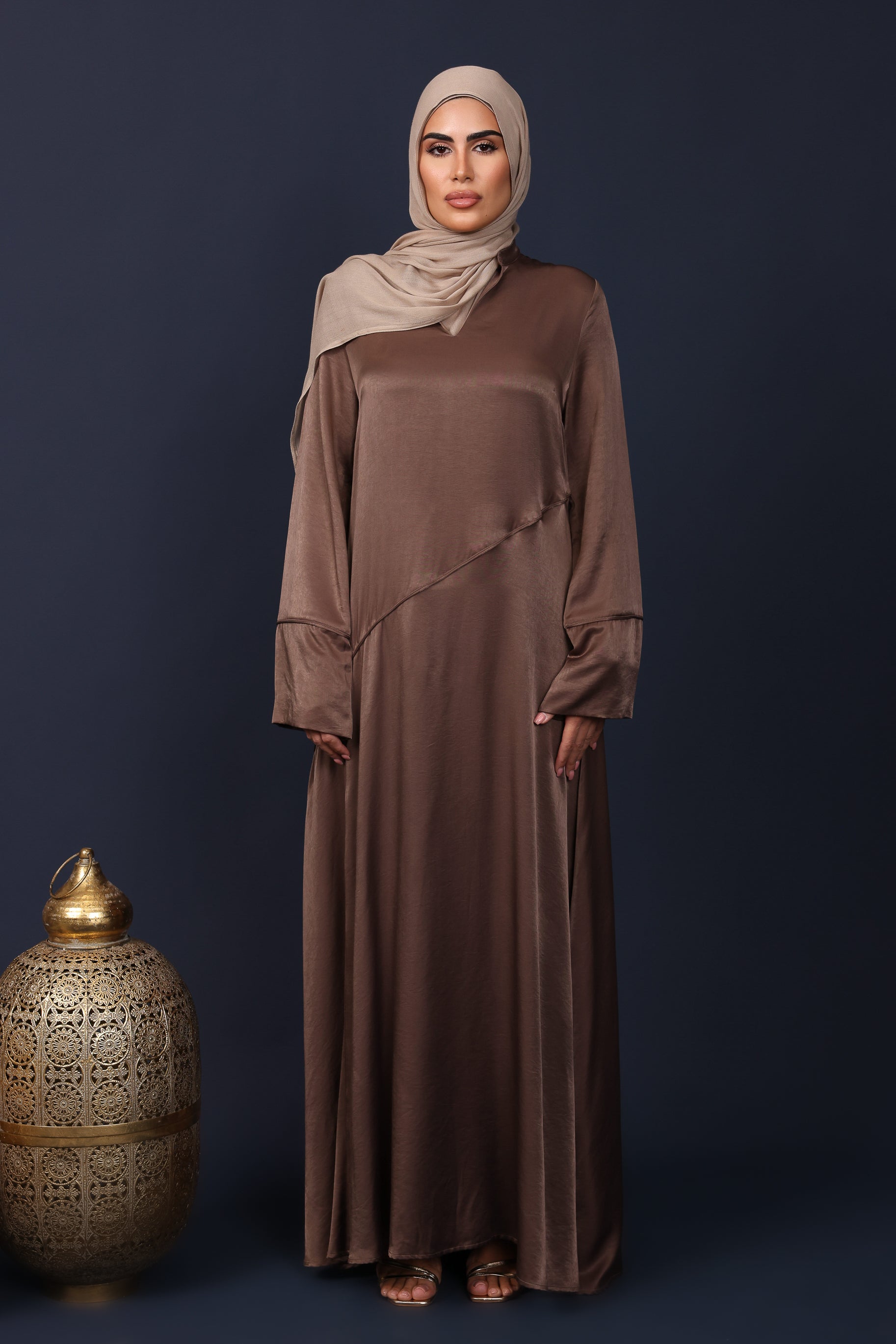 Adara Asymmetric Satin Abaya - Oak Brown