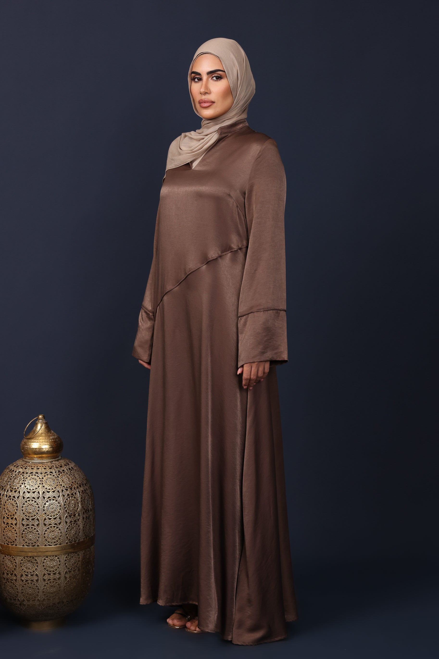 Adara Asymmetric Satin Abaya - Oak Brown