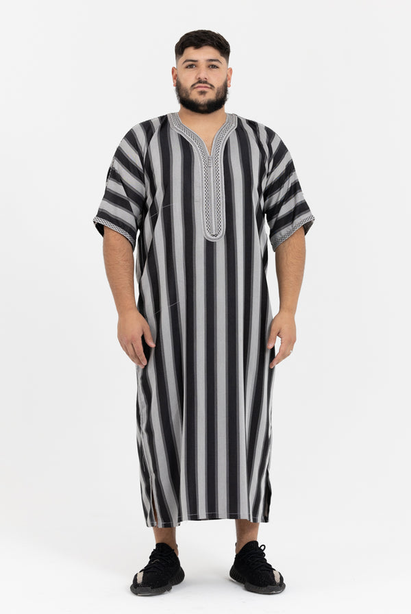 Moroccan Striped Short Sleeve Thobe - Black