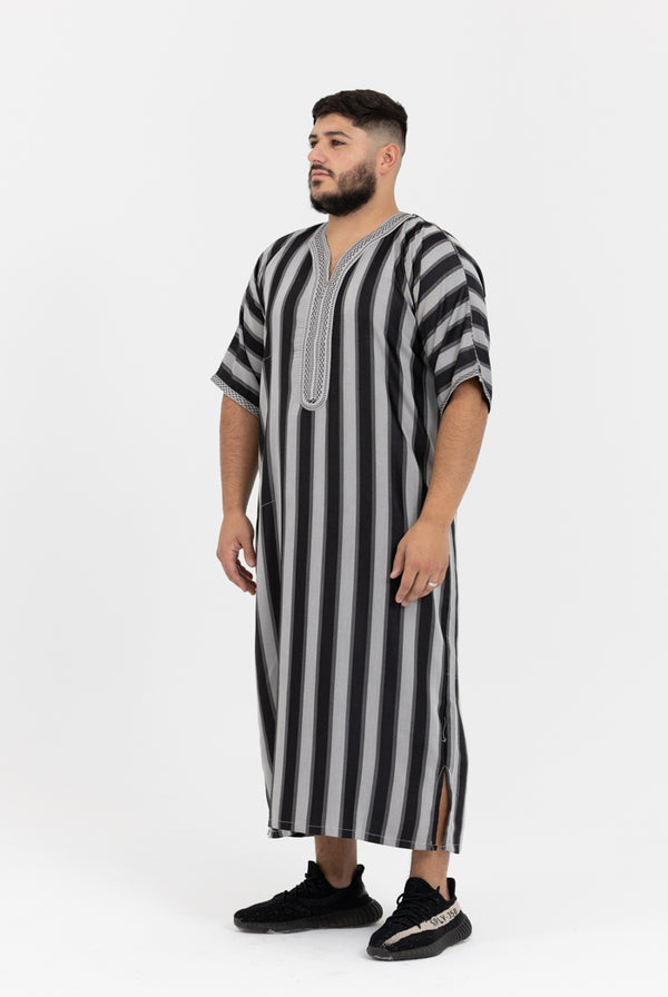 Moroccan Striped Short Sleeve Thobe - Black